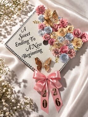 Handcrafted Floral Graduation Cap Topper with Pink Ribbon